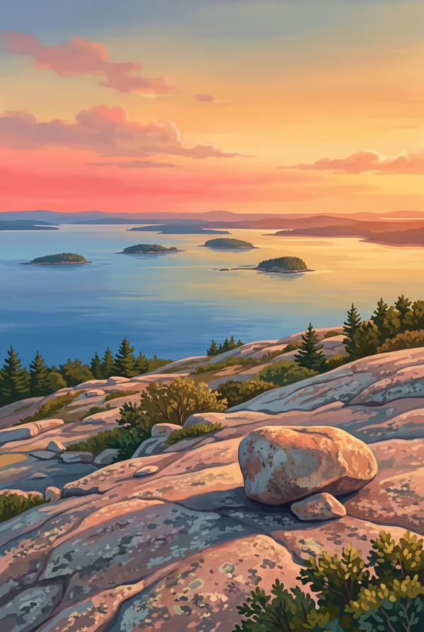 Acadia National Park stamp, WPA-style illustration of Cadillac Mountain