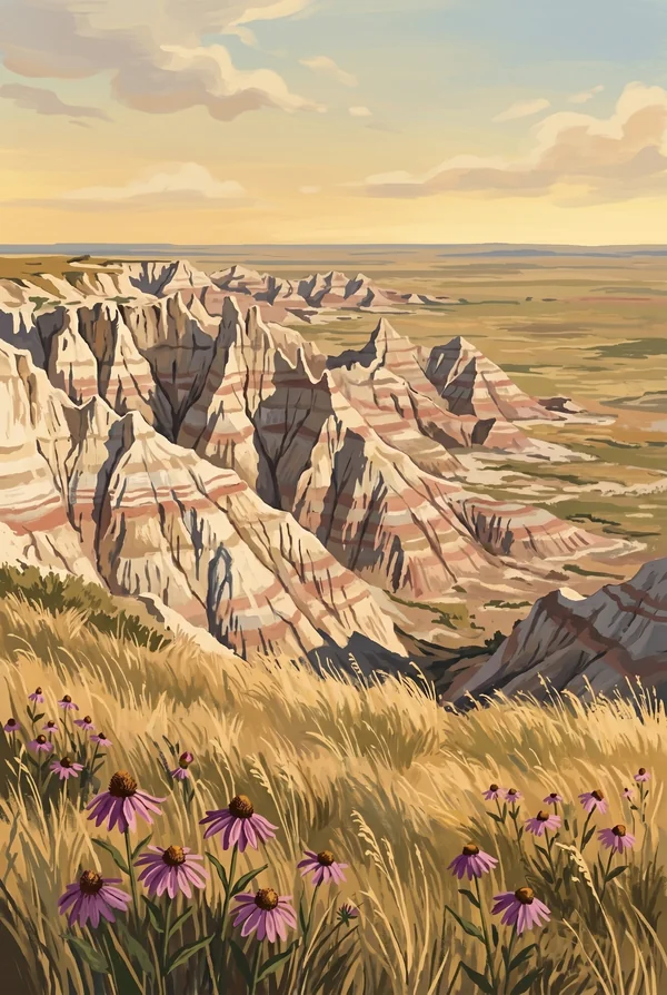 Badlands National Park stamp, WPA-style illustration of Pinnacles Overlook
