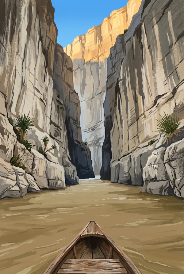 Big Bend National Park stamp, WPA-style illustration of Santa Elena Canyon