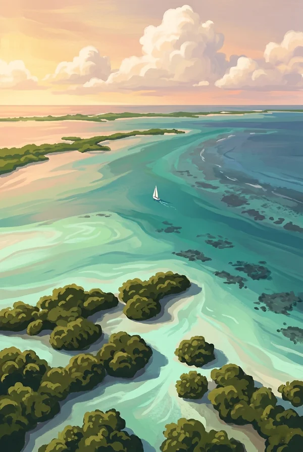 Biscayne National Park stamp, WPA-style illustration of Biscayne Bay