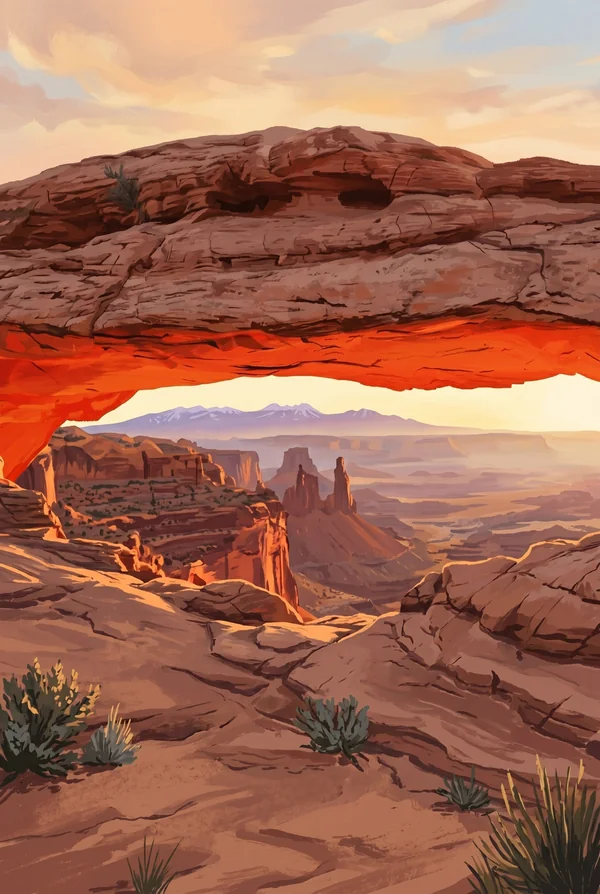 Canyonlands National Park stamp, WPA-style illustration of Mesa Arch