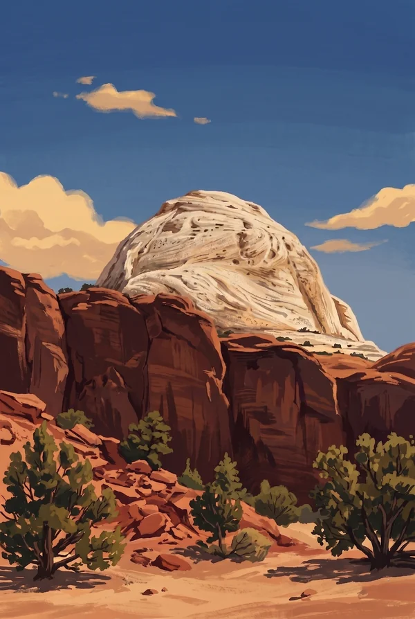 Capitol Reef National Park stamp, WPA-style illustration of Capitol Dome