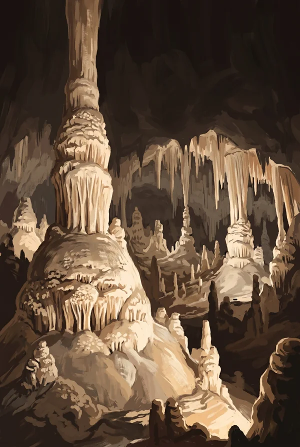 Carlsbad Caverns National Park stamp, WPA-style illustration of The Big Room