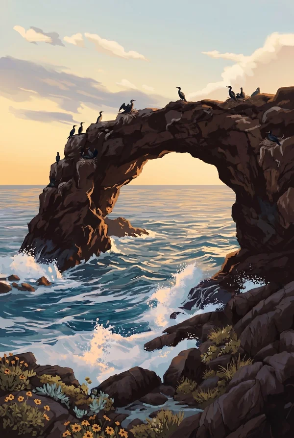 Channel Islands National Park stamp, WPA-style illustration of Arch Rock