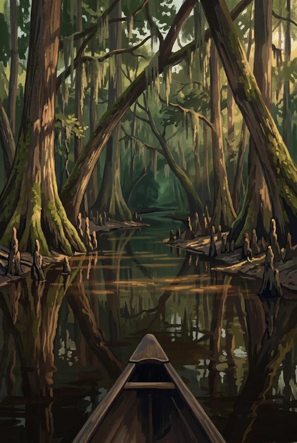 Congaree National Park stamp, WPA-style illustration of Cedar Creek