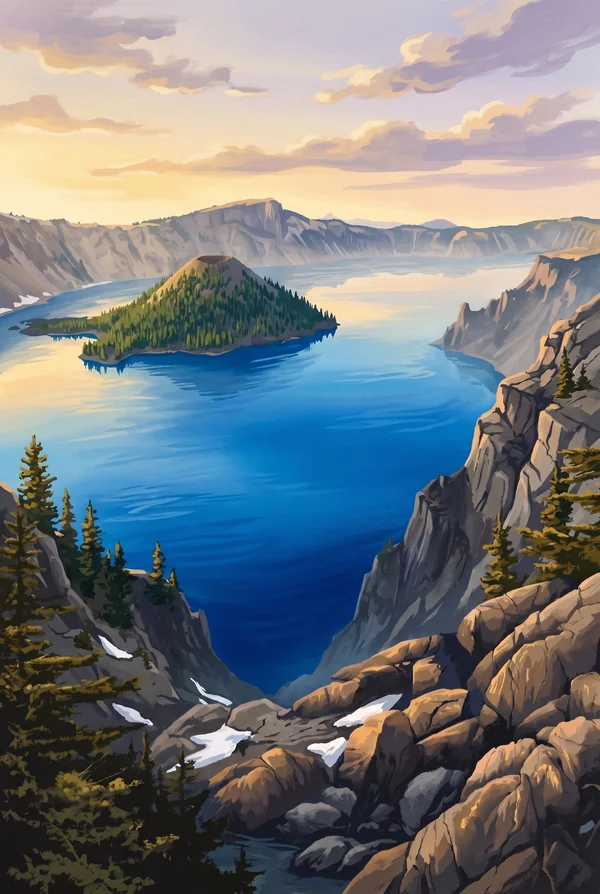 Crater Lake National Park stamp, WPA-style illustration of Crater Lake