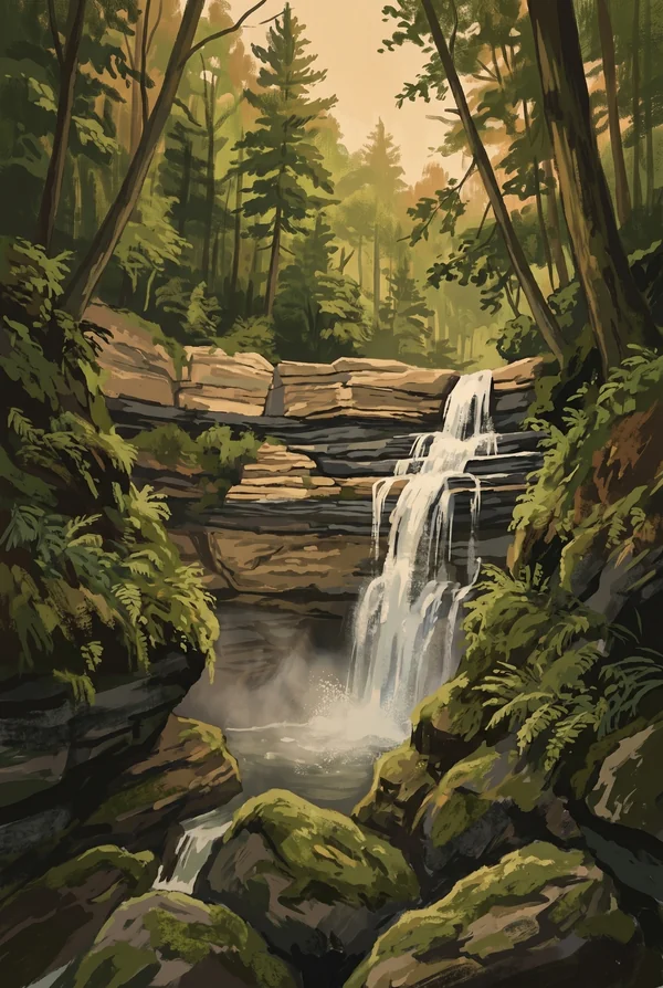 Cuyahoga Valley National Park stamp, WPA-style illustration of Brandywine Falls