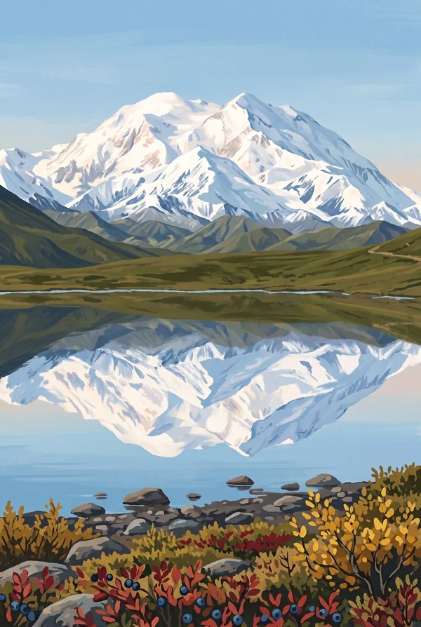 Denali National Park & Preserve stamp, WPA-style illustration of Wonder Lake