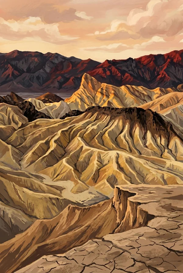 Death Valley National Park stamp, WPA-style illustration of Zabriskie Point