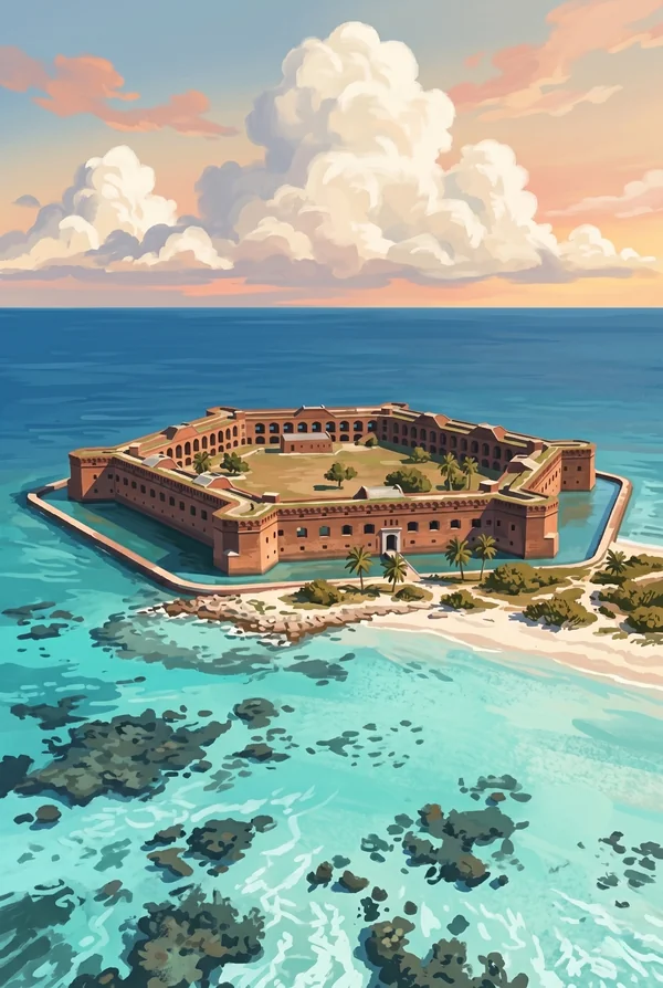 Dry Tortugas National Park stamp, WPA-style illustration of Fort Jefferson