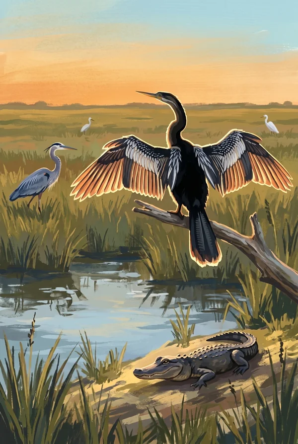Everglades National Park stamp, WPA-style illustration of Anhinga Trail