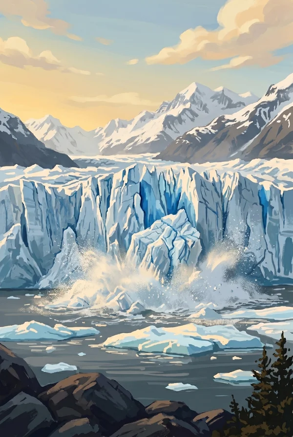 Glacier Bay National Park & Preserve stamp, WPA-style illustration of Margerie Glacier