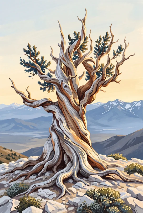 Great Basin National Park stamp, WPA-style illustration of Ancient Bristlecone