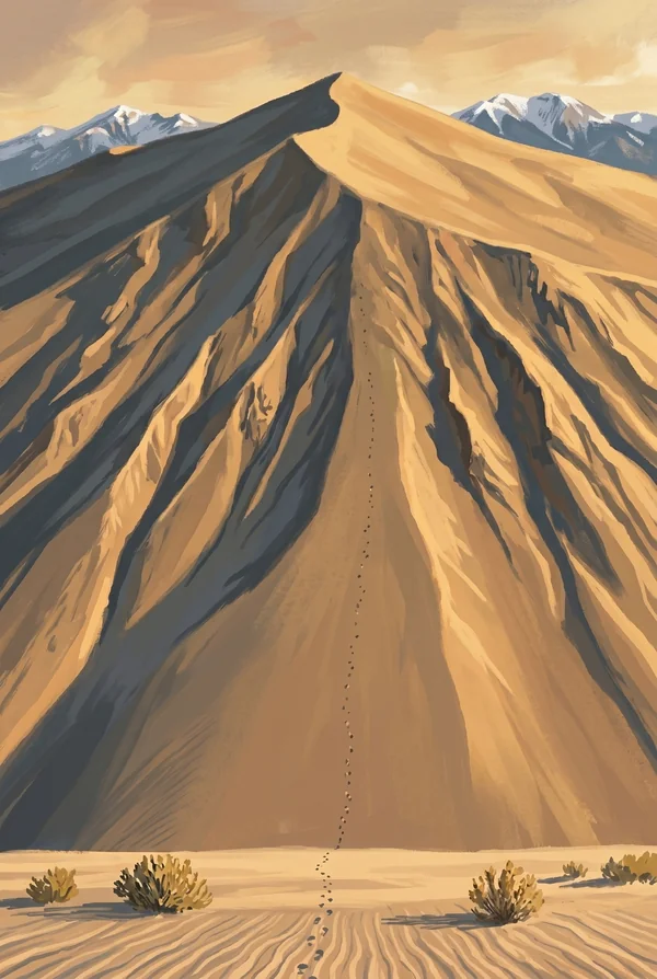 Great Sand Dunes National Park & Preserve stamp, WPA-style illustration of Star Dune