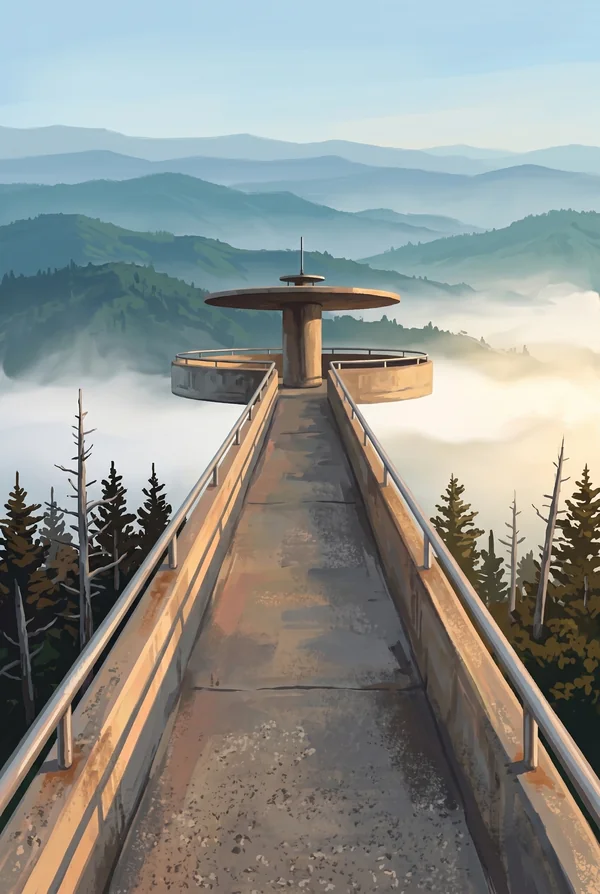 Great Smoky Mountains National Park stamp, WPA-style illustration of Clingmans Dome (Kuwohi)