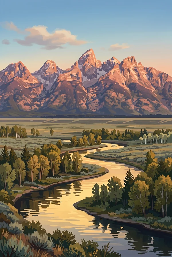 Grand Teton National Park stamp, WPA-style illustration of Snake River Overlook