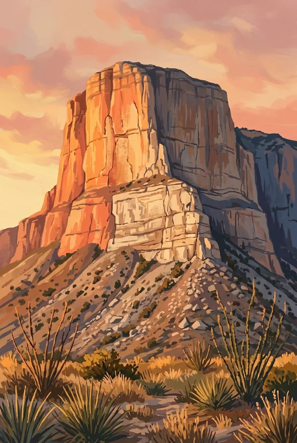 Guadalupe Mountains National Park stamp, WPA-style illustration of El Capitan