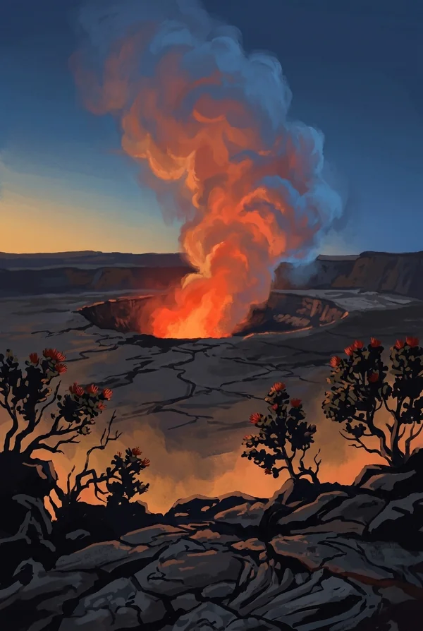 Hawaiʻi Volcanoes National Park stamp, WPA-style illustration of Kilauea Caldera and Halemaumau