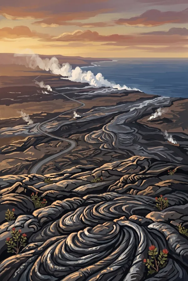 Hawaiʻi Volcanoes National Park stamp design 3: Chain of Craters Road Lava Fields