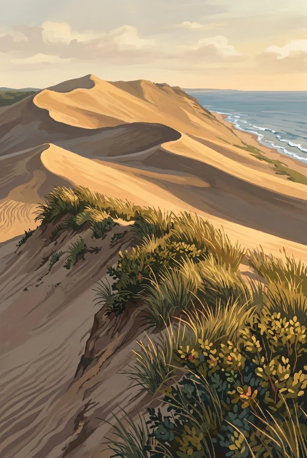Indiana Dunes National Park stamp, WPA-style illustration of Lake Michigan Shoreline and Dunes
