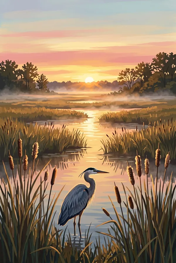 Indiana Dunes National Park stamp design 2: Great Marsh at Sunrise