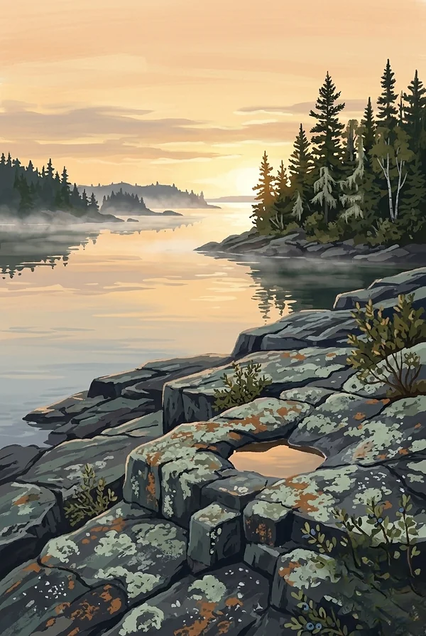 Isle Royale National Park stamp, WPA-style illustration of Rock Harbor