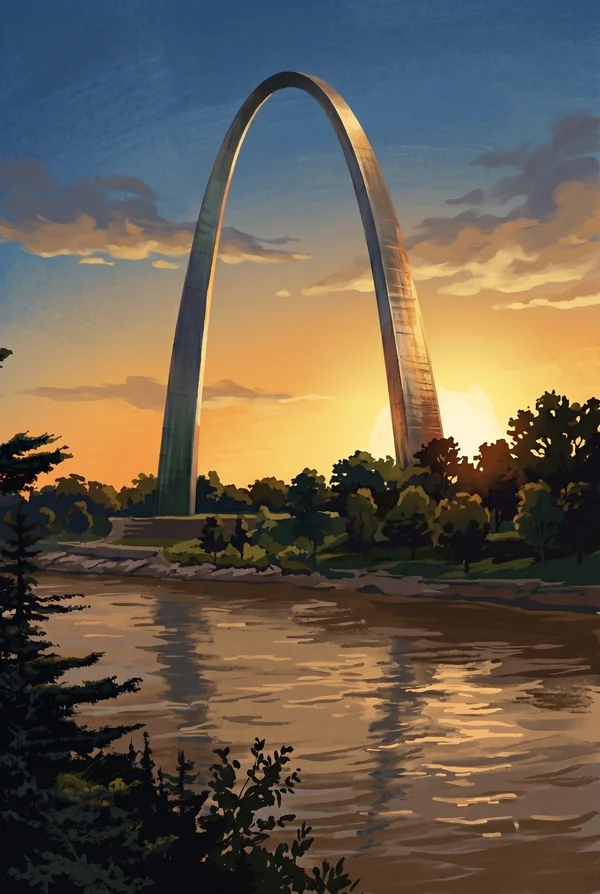 Gateway Arch National Park stamp, WPA-style illustration of Arch with Mississippi