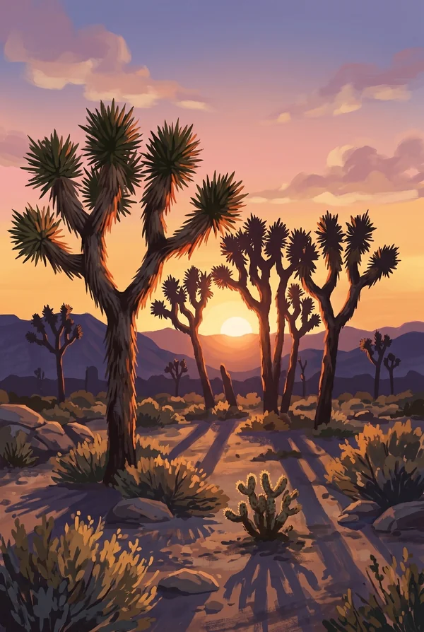 Joshua Tree National Park stamp, WPA-style illustration of Joshua Tree Forest