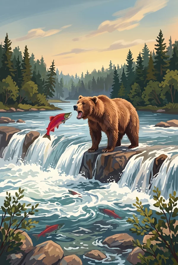Katmai National Park & Preserve stamp, WPA-style illustration of Brooks Falls Bear Catching Salmon
