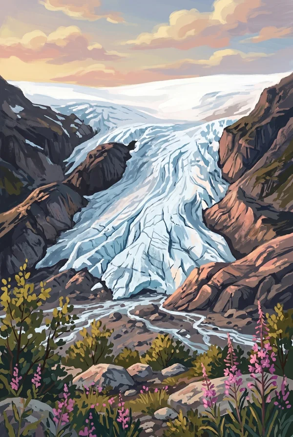 Kenai Fjords National Park stamp, WPA-style illustration of Exit Glacier