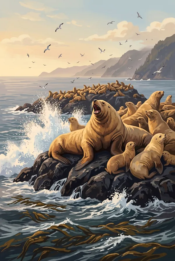 Kenai Fjords National Park stamp design 3: Steller Sea Lions on Rocky Haul-Out