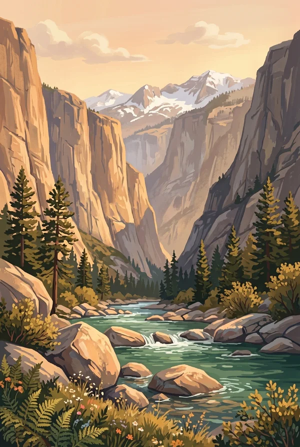 Kings Canyon National Park stamp, WPA-style illustration of Kings Canyon from Roads End