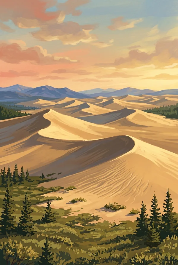 Kobuk Valley National Park stamp, WPA-style illustration of Great Kobuk Sand Dunes