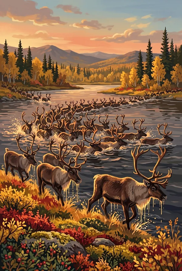 Kobuk Valley National Park stamp design 2: Caribou Crossing the Kobuk River