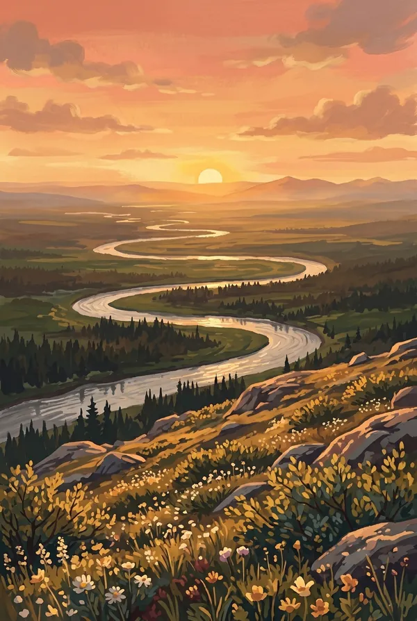 Kobuk Valley National Park stamp design 3: Midnight Sun over Kobuk Valley