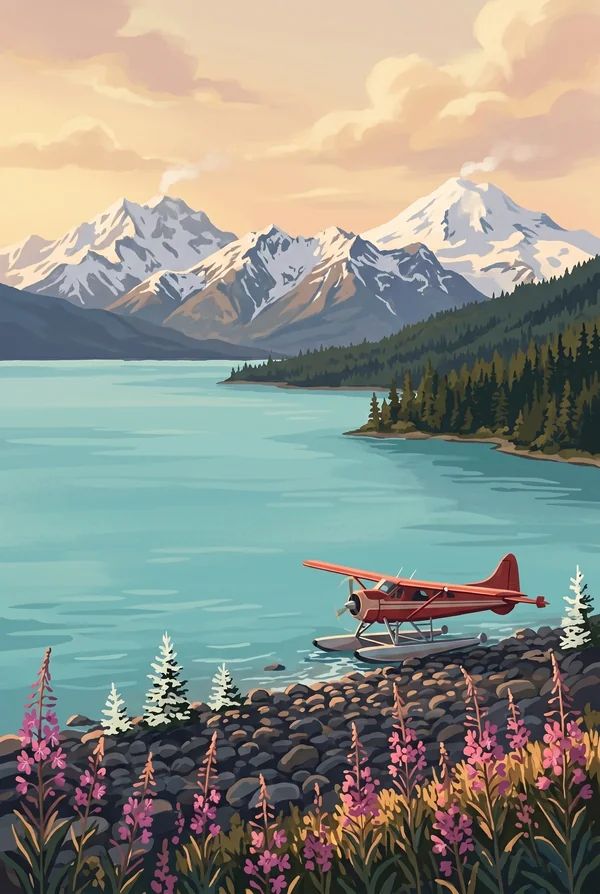 Lake Clark National Park & Preserve stamp, WPA-style illustration of Lake Clark
