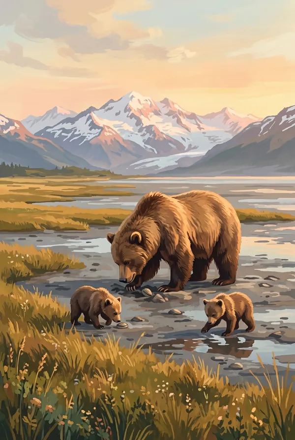 Lake Clark National Park & Preserve stamp design 3: Brown Bears at Silver Salmon Creek