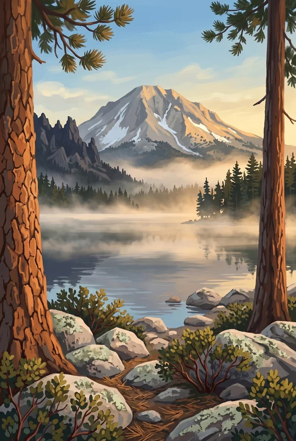 Lassen Volcanic National Park stamp, WPA-style illustration of Lassen Peak from Manzanita Lake