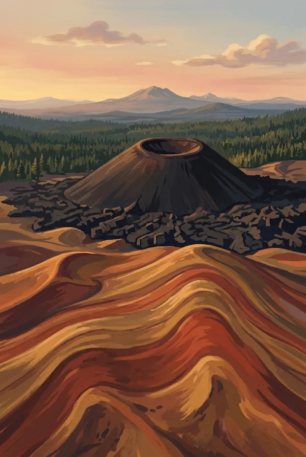 Lassen Volcanic National Park stamp design 3: Cinder Cone and Painted Dunes