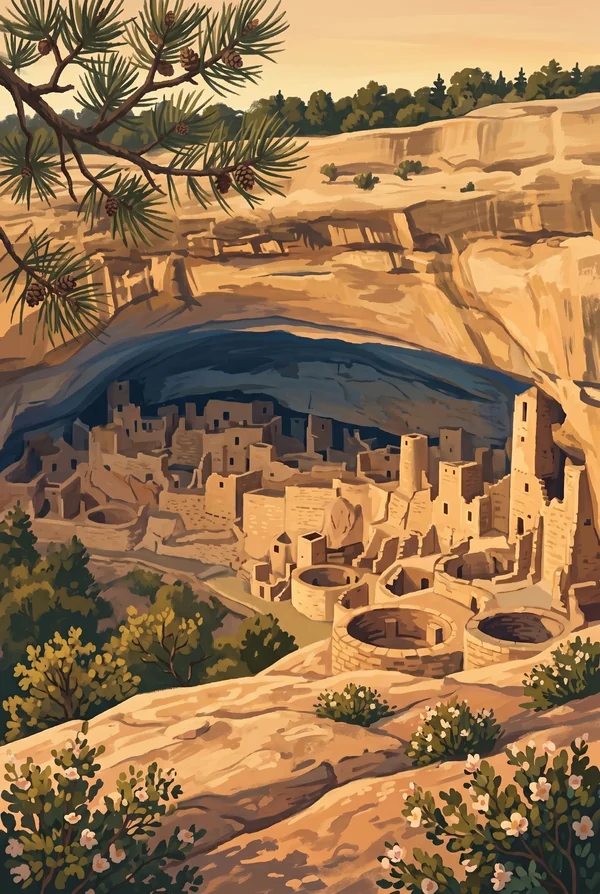 Mesa Verde National Park stamp, WPA-style illustration of Cliff Palace