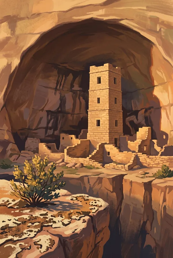 Mesa Verde National Park stamp design 3: Square Tower House