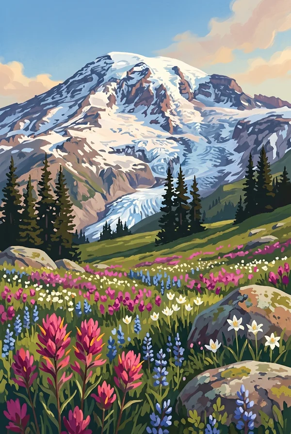 Mount Rainier National Park stamp, WPA-style illustration of Paradise Wildflower Meadow