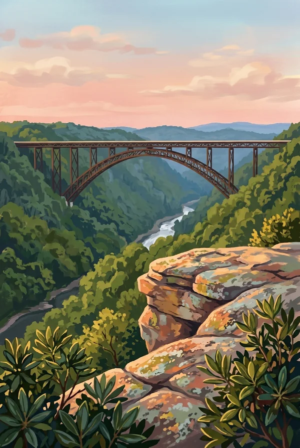 New River Gorge National Park & Preserve stamp, WPA-style illustration of New River Gorge Bridge