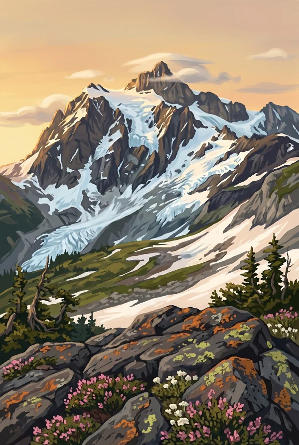 North Cascades National Park stamp, WPA-style illustration of Mt Shuksan