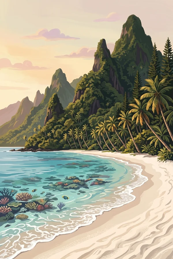 National Park of American Samoa stamp, WPA-style illustration of Ofu Beach