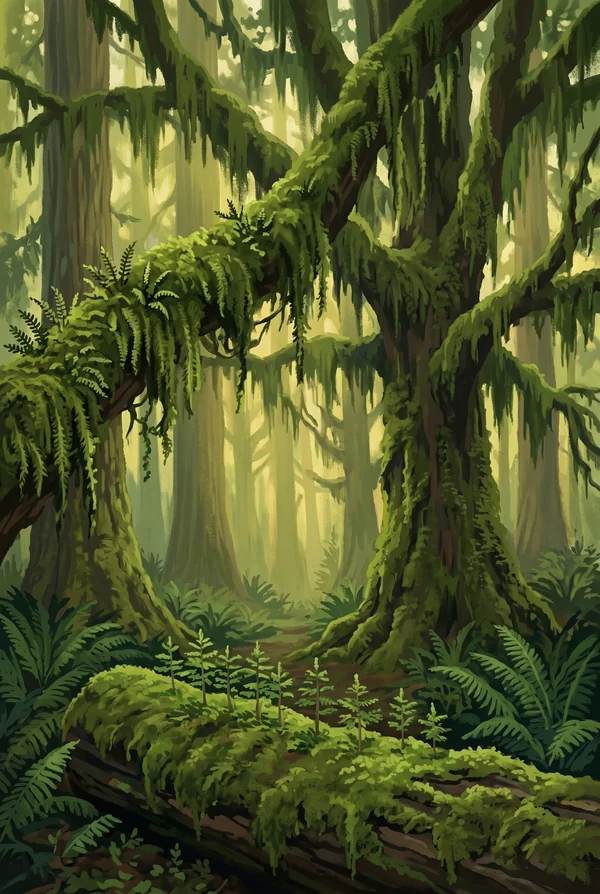 Olympic National Park stamp, WPA-style illustration of Hoh Rainforest Hall of Mosses
