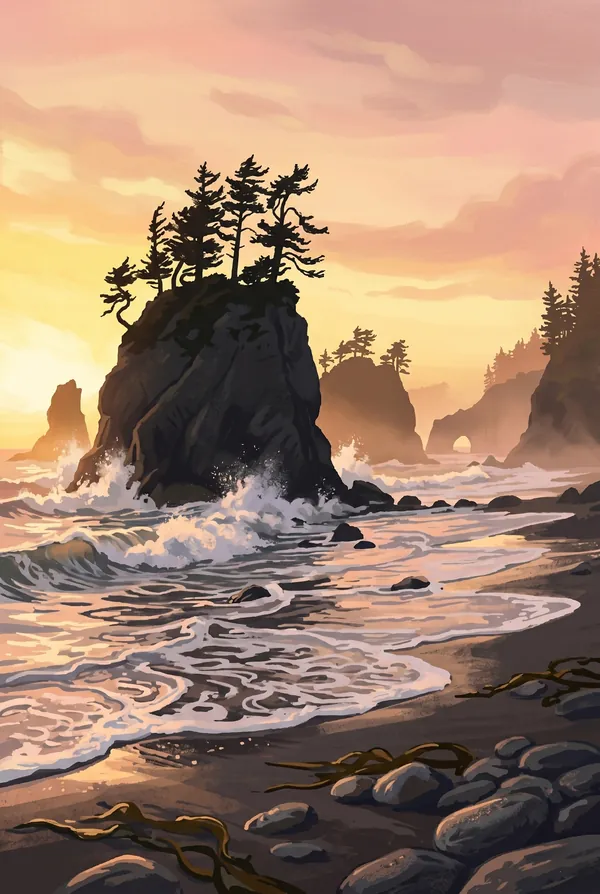 Olympic National Park stamp design 2: Rialto Beach Sea Stacks