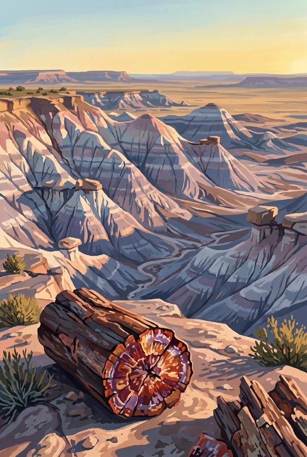 Petrified Forest National Park stamp, WPA-style illustration of Blue Mesa Badlands