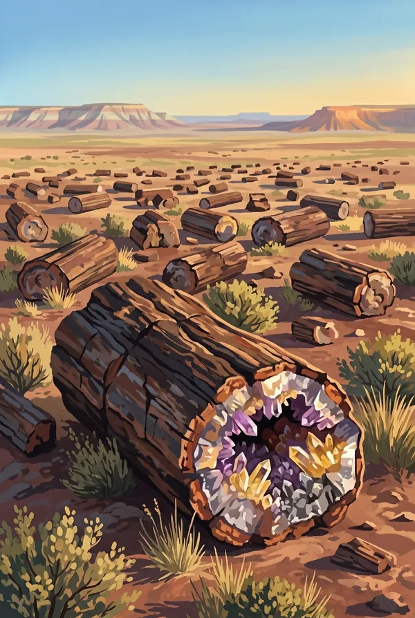Petrified Forest National Park stamp design 2: Crystal Forest Log Scatter