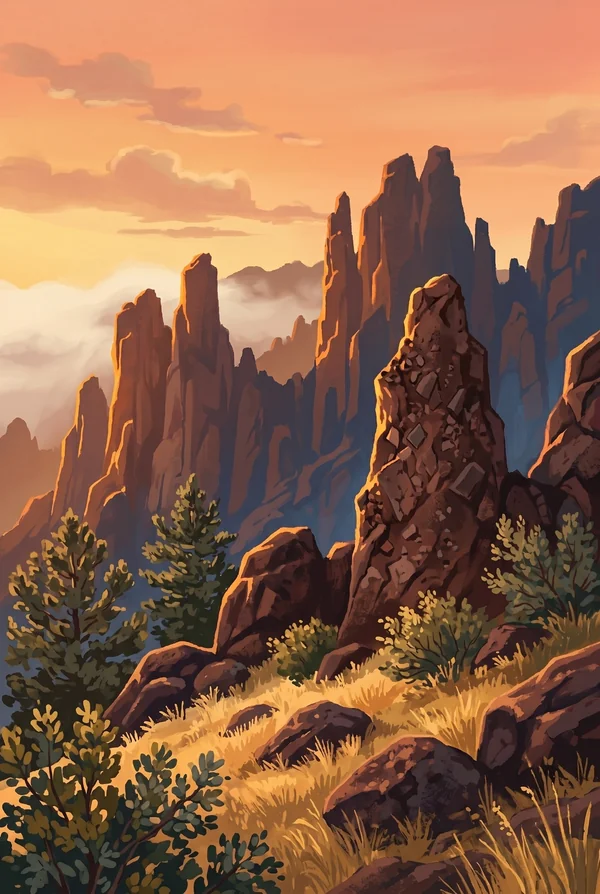 Pinnacles National Park stamp, WPA-style illustration of High Peaks Spires
